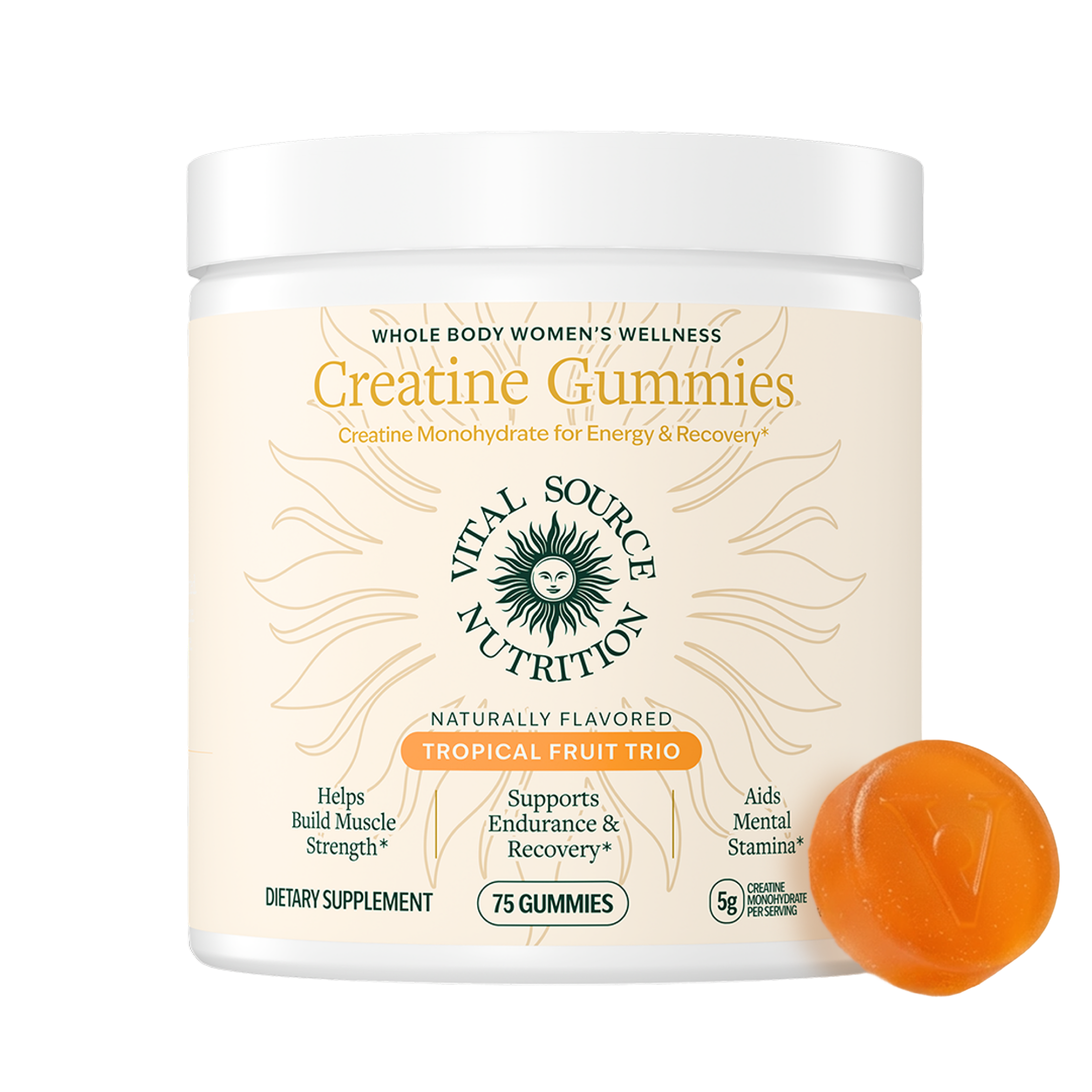 Creatine Gummies Women's frasco de 75 gomitas con gomita de sabor tropical