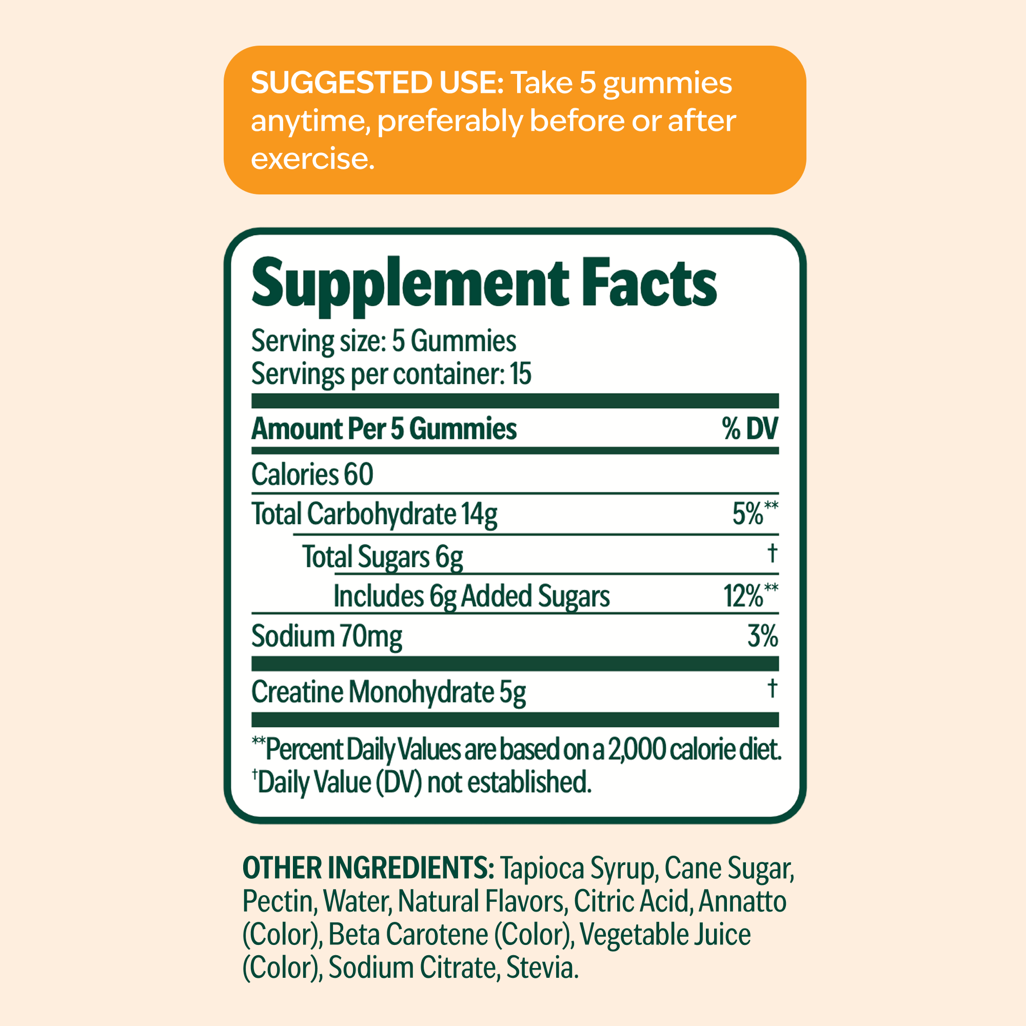 Informacion nutricional: 5 g de creatina monohidratada por porcion de 5 gomitas