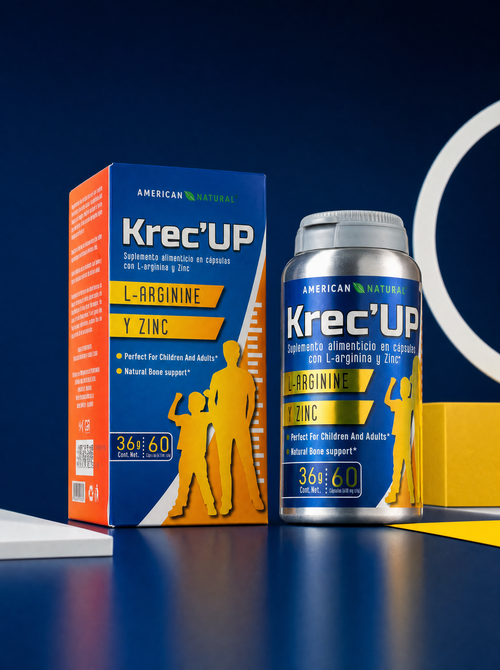 Krec Up American Natural con caja y frasco en estudio premium azul