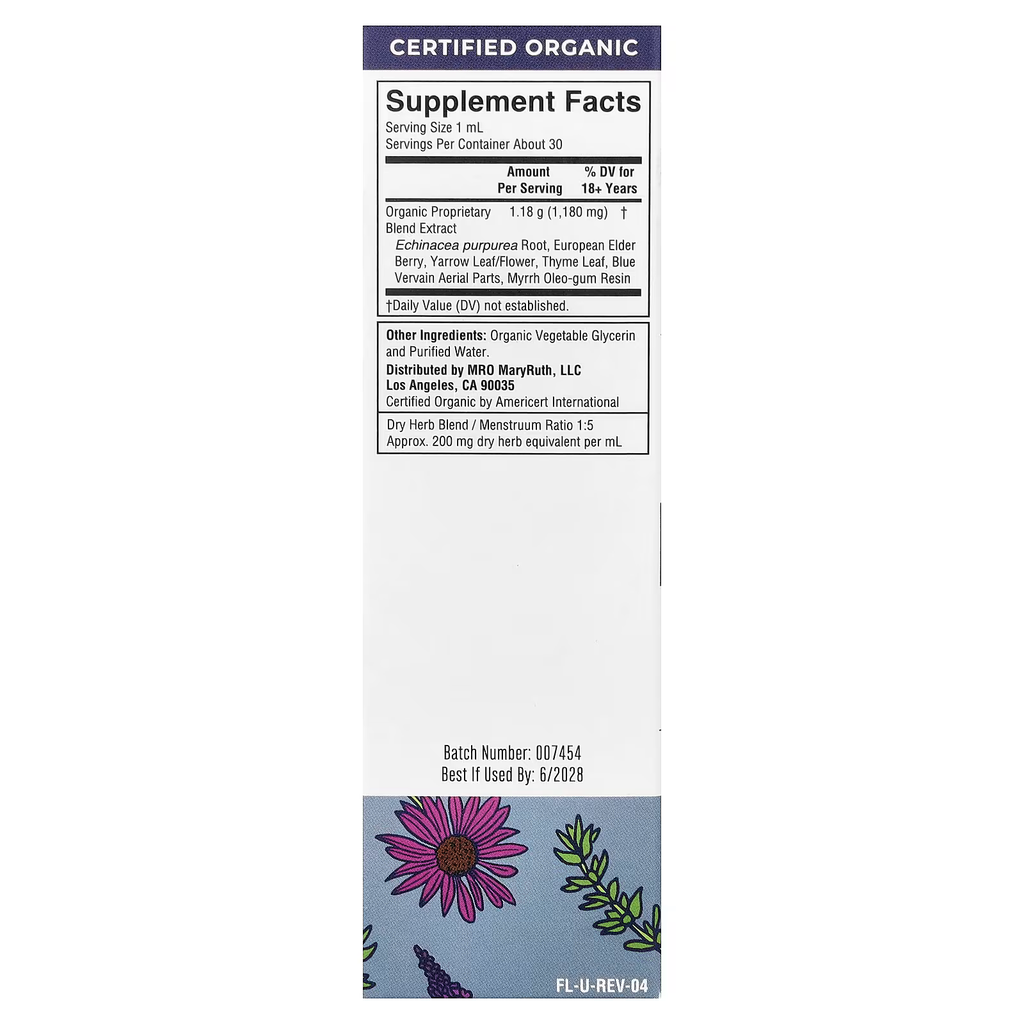 Tabla nutricional: porción de 1 mL, unas 30 porciones por frasco, mezcla herbal orgánica de 1,180 mg