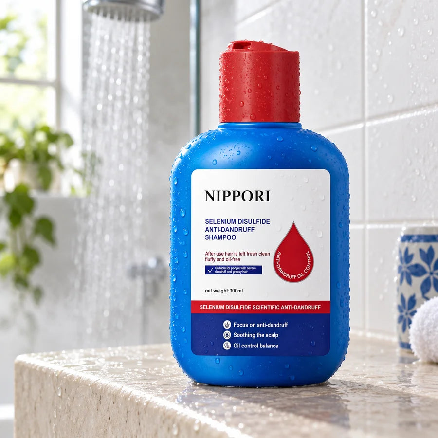 El frasco de NIPPORI en la repisa de la ducha