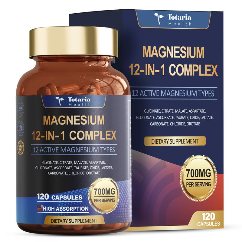 TOTARIA Magnesium 12-in-1 Complex de 120 cápsulas, frasco y caja